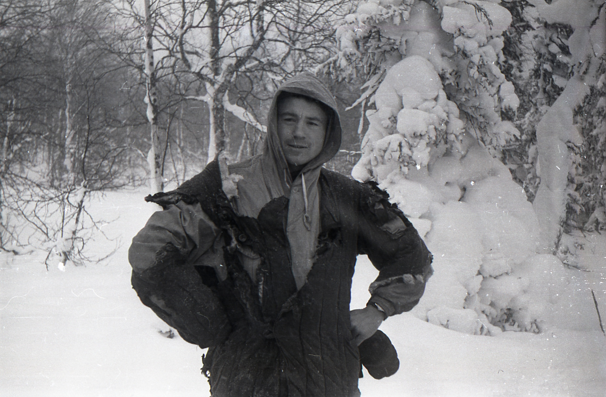 Dyatlov Pass: Kolevatov posing in his burned quilted jacket