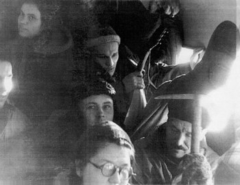 25 Jan 1959, bus from Ivdel to Vizhay - Doroshenko, Zina, Krivonishenko (center), Zolotaryov