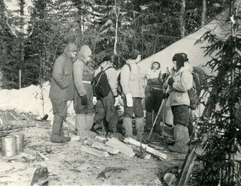 A group of hikers at the tent. ? -? -? - Mertsalov-Krylov-Shkodin-?