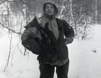 Morning, Rustem Slobodin posing for a photo in Krivonischenko's burnt quilted jacket.