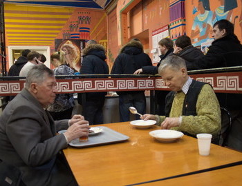 Members of the search party Anatoliy G. Mohov, now PhD, professor transport university and Yuri E. Yudin in UPI student's cafe as it was 50 years ago