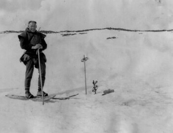 44. April 1959. Stepan Kurikov stands on the site of the Dyatlov group's tent. This place was marked with ski poles even before our shift.