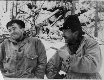 Thibeaux-Brignolle and Semyon Zolotaryov during a break on Lozva river on 28 Jan 1959