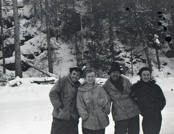 Nikolay Thibeaux-Brignolle, Lyuda Dubinina, Semyon Zolotaryov, Zina Kolmogorova during a break on Lozva river on 28 Jan 1959