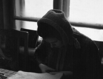 24 January 1959 - Serov, 41-th school, Zina is cutting sheepskin insoles with felt scissors.