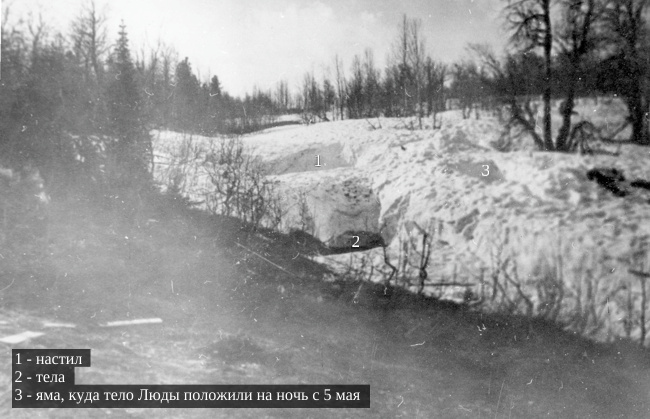 1 - настил, 2 - тела, 3 - яма, куда тело Люды положили на ночь с 5 мая