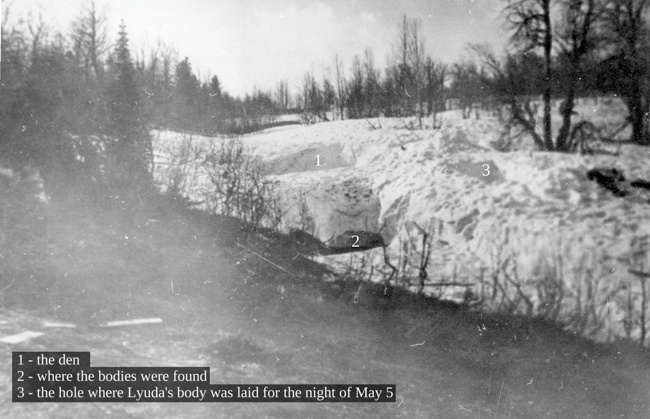 1 - den, 2 - bodies, 3 - the hole where Lyuda's body was laid for the night of May 5