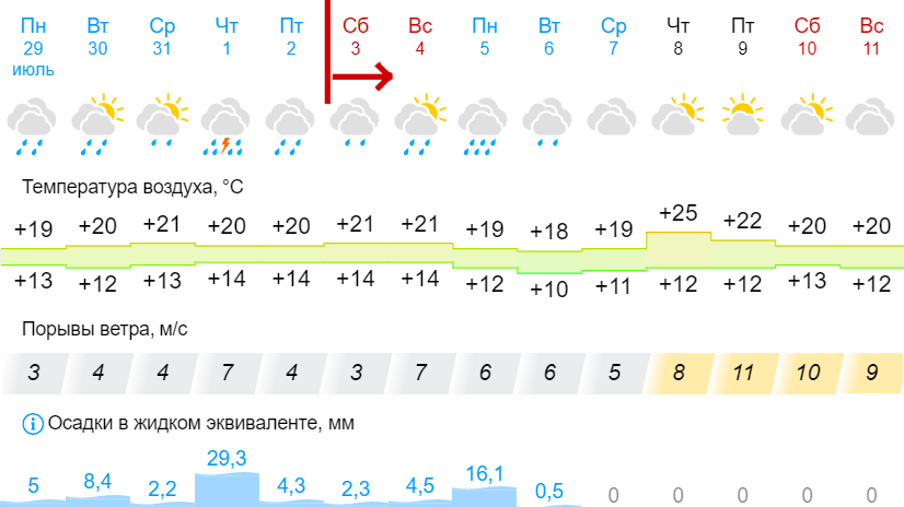 Gismeteo forecast for Ushma on July 29