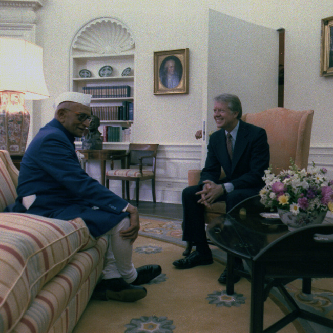 Jimmy Carter with Prime Minister Morarji Desai of India in the Oval office in 1978