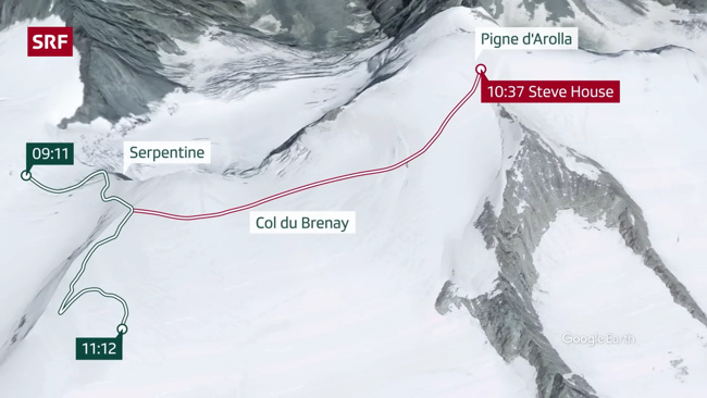 Steve House arrives at the saddle Pigne d'Arolla at 10:37 Steve House arrives at the saddle Pigne d'Arolla at 10:37