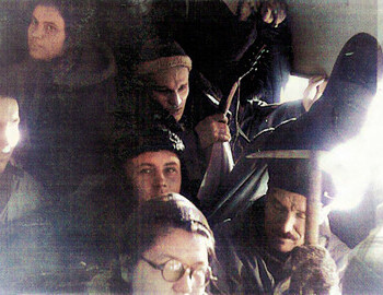 Jan 25, Dyatlov and Blinov's groups on a bus to Vizhay. Doroshenko, Kolmogorova, Krivonischenko, Devyatov (with the mandolin), Svechnikova, Zolotaryov.