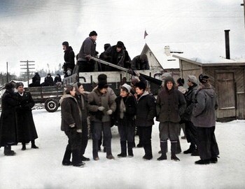 Servicemen with Dyatlov and Blinov groups. In the truck: Blinov, Eroshev, and Avdeev. Standing: Svechnikova, Kolmogorova, Sinitsyn, Doroshenko (back), Obodova, Krotov   (hands over skis), Tamilova, Strelnikov, Kolevatov, Devyatov, Yudin, and Dyatlov.