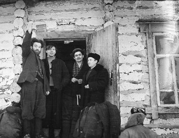 27 Jan 2959 - District 41, loggers come out to see off the Dyatlov group. 'The Beard' has raised his fist in a comrade greeting