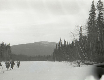28 Jan 1959 - Lozva river, Krivonischenko, Dyatlov, Nikolay and possibly Zina. In the distance mountain Hoy-Ekva 733m