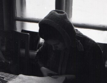 Serov, 41-th school, Zina is cutting sheepskin insoles with felt scissors.