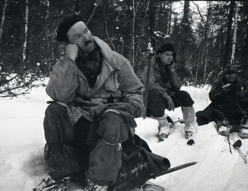 29 Jan 1959 - to Auspiya river, Semyon Zolotaryov, Yuri Doroshenko and Igor Dyatlov reading the map.
