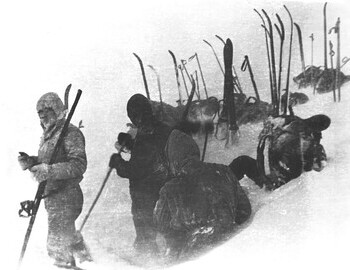 Dyatlov group allegedly preparing the tent for their last night alive, photo is allegedly taken around 3 pm on February 1