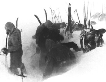 Dyatlov group allegedly preparing the tent for their last night alive, photo is allegedly taken around 3 pm on February 1