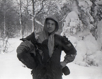 1 Feb 1959 - Auspiya river, Just for laughs - Slobodin posing with Doroshenko's burnt quilted jacket