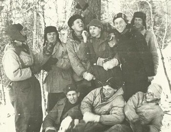 A group of serachers. Krylov-Smirnov-?- Solovyev-Bartolomey-Shkodin. Down:?-Mertsalov-Sahnin. From Gubin's archive.