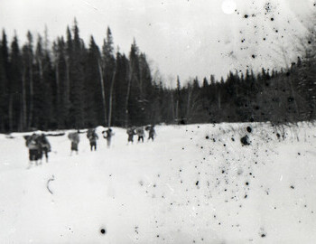 Dyatlov group is getting up after lunch. Semyon Zolotaryov was leading the group before lunch, and now is behind. 