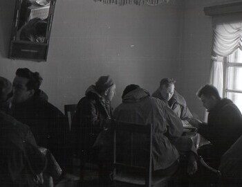 Dining in Vizhay. Kolmogorova (back), Kolevatov, Krivonischenko, Zolotaryov (back), Dyatlov, and Thibeaux-Brignolle. Jan 26.
