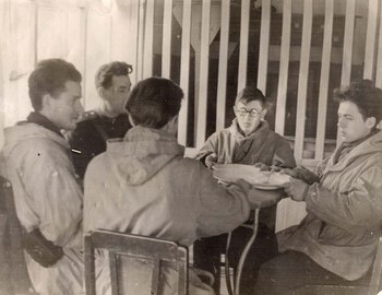 "Before the flight to the Pass. We have lunch in the canteen of the Ivdel airport." Kuznetsov-Ortyukov-Askinadzi (back)-Mohov-Suvorov. Fyodorov is taking the picture