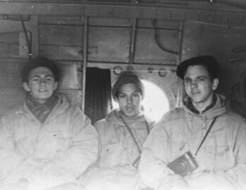 Suvorov, Askinadzi and Fyodorov in the helicopter. 