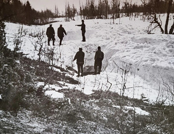 Top excavation pit is where the den was found, bottom - the bodies, to the right is where Lyuda's body was laid for the night of May 5, 1959