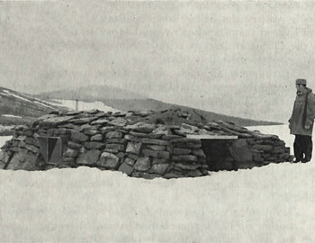 The Curran Bothy in early June 1972, still with about 4 feet of snow.. It was not possible to open the door till midsummer day. Photo by J. Duff