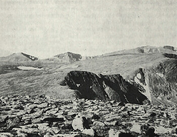 Cairn Gorm in mid summer. The large snowfield on the plateau is at the head of the Feith Buidhe and immediately upstream from the bivouac site.