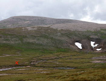 Approximate location of the bivouac  beside the Feith Buidhe burn, seen in late summer without any snow