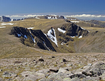 Cairn Gorm in mid summer. The large snowfield on the plateau is at the head of the Feith Buidhe and immediately upstream from the bivouac site.