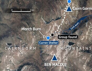 Map of central Cairngorms showing shelters and features relating to the 1971 disaster