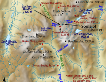Map of central Cairngorms showing shelters and features relating to the 1971 disaster