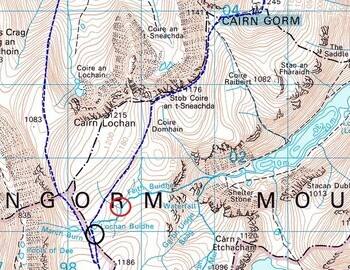 Site of the Curran Shelter (black circle) and the fatal bivouac site (red circle) © Paul Shorrock