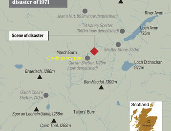 Map of central Cairngorms showing shelters and features relating to the 1971 disaster