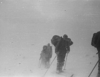 Feb 1 - The group on the pass. ?, ?, ?, Slobodin, Dyatlov (with the tent), and Kolevatov.