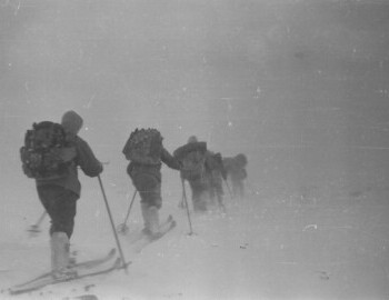 Feb 1 - The group on the pass. Doroshenko, Thibeaux-Brignolle, Krivonischenko, Slobodin, and Dyatlov (with the tent). 