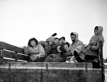 Jan 26 - Vizhay. In the back of the truck. Doroshenko, Yudin, Dyatlov, Kolmogorova, Thibeaux-Brignolle, Dubinina, Zolotaryov, and Slobodin.