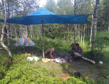 Our camp on the northern slope of the Dyatlov Pass is across the creek where the last four bodies were found in May 1959.