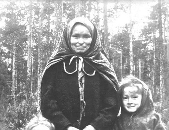 Varvara Kuzmovna Bahtiyarova and her children Miron and Albina, 1956