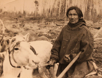 Nikolay Nikolaevich Pelikov holding a trochee (the long stick used to herd the deer)