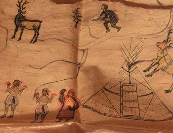 1. The chum is built from birch barks. A hunter stalks a wild deer. Below most likely are depicted some shaman rituals.