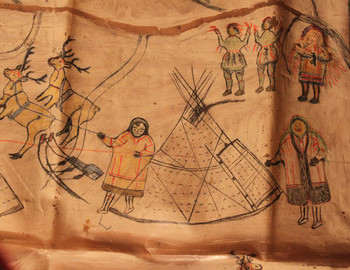7. A woman and a man in their chum. At the top right, three shamans are performing a ritual.