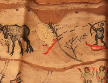 8. Hunting moose with a bow. Did something happen to the first hunter smeared in the picture? Only the skis are visible. The elk does not acknowledge the hunter, busy eating young shoots of a tree.
