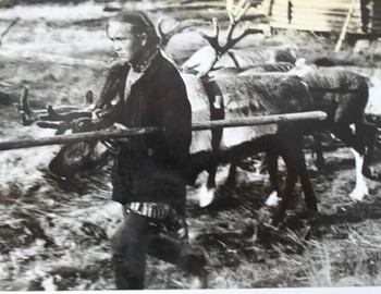 Nikolay Pelikov inside the pen (pussas-tivrt) for reindeer. The only one who wore braids in the late 70s. He was brought to Vizhay from the taiga, he had never seen cars or trains.