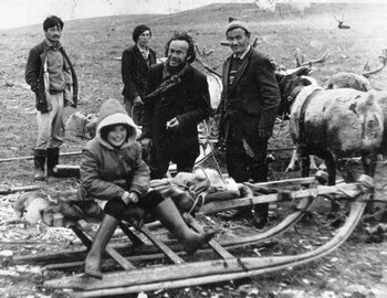 Reindeer herders in the mountains. On the right is Timofey Pelikov. Photo by V. Maltsev.