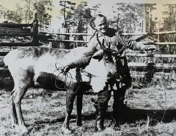 Nikolay Pelikov inside the pen (pussas-tivrt) for reindeer. The only one who wore braids in the late 70s. He was brought to Vizhay from the taiga, he had never seen cars or trains.