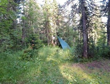 Sasha Konstantinov has already returned from the upper reaches of the Lozva. This is his canopy. He, like a true taiga outdoors man, lives without a tent.